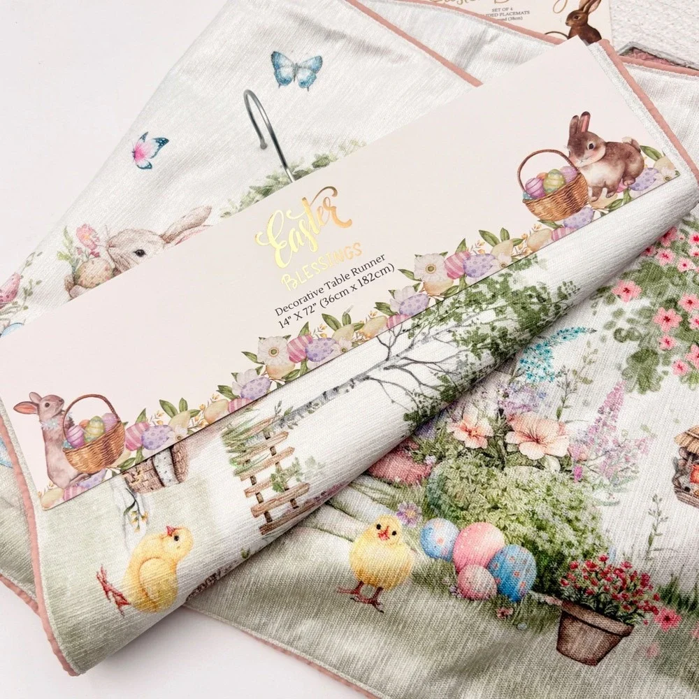 Easter Blessings Table Runner‎ and Set of 4 Braided Placemats Bunny Rabbit